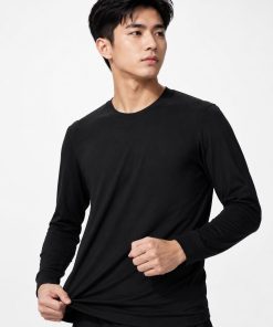 Áo giữ nhiệt nam cổ tròn loại thường vải mỏng Uniqlo Heattech màu đen 09 BLACK