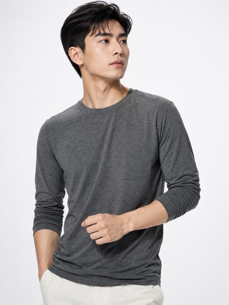 Áo giữ nhiệt nam cổ tròn loại thường vải mỏng Uniqlo Heattech màu xám 08 DARK GRAY