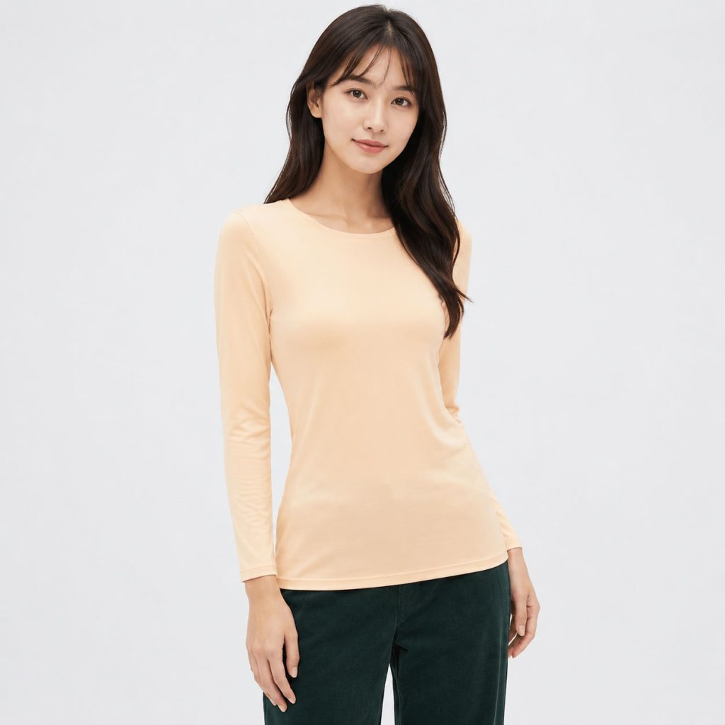 Áo giữ nhiệt nữ cổ tròn loại thường vải mỏng Uniqlo Heattech Nhật Bản màu be 31 BEIGE