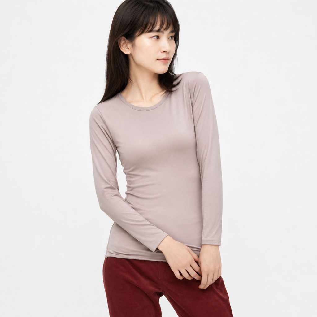 Áo giữ nhiệt nữ cổ tròn loại thường vải mỏng Uniqlo Heattech Nhật Bản màu be 32 BEIGE