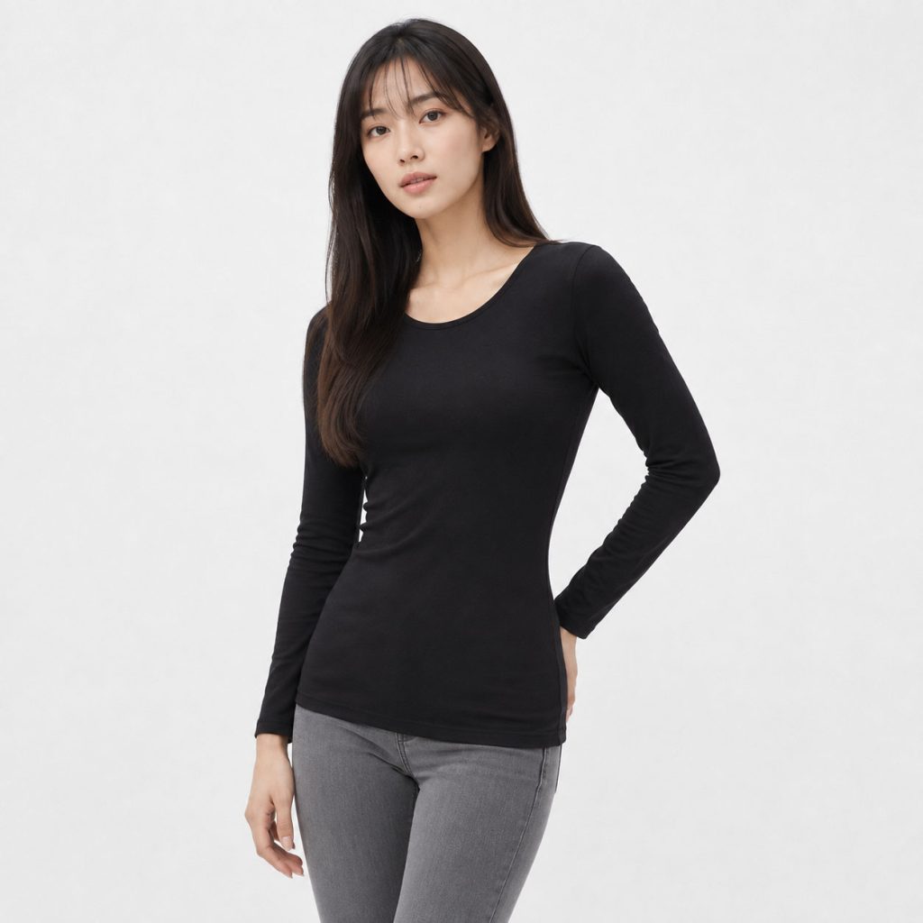 Áo giữ nhiệt nữ cổ tròn loại thường vải mỏng Uniqlo Heattech Nhật Bản màu đen 09 BLACK