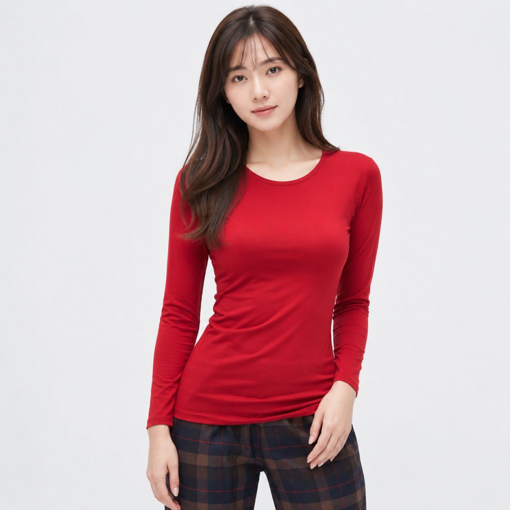 Áo giữ nhiệt nữ cổ tròn loại thường vải mỏng Uniqlo Heattech Nhật Bản màu đỏ 16 RED