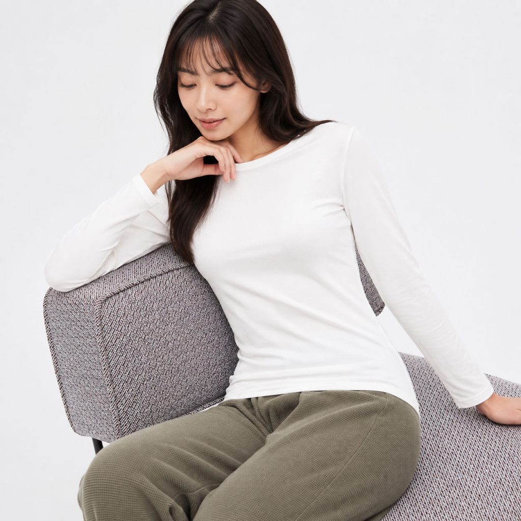 Áo giữ nhiệt nữ cổ tròn loại thường vải mỏng Uniqlo Heattech Nhật Bản màu trắng 00 WHITE