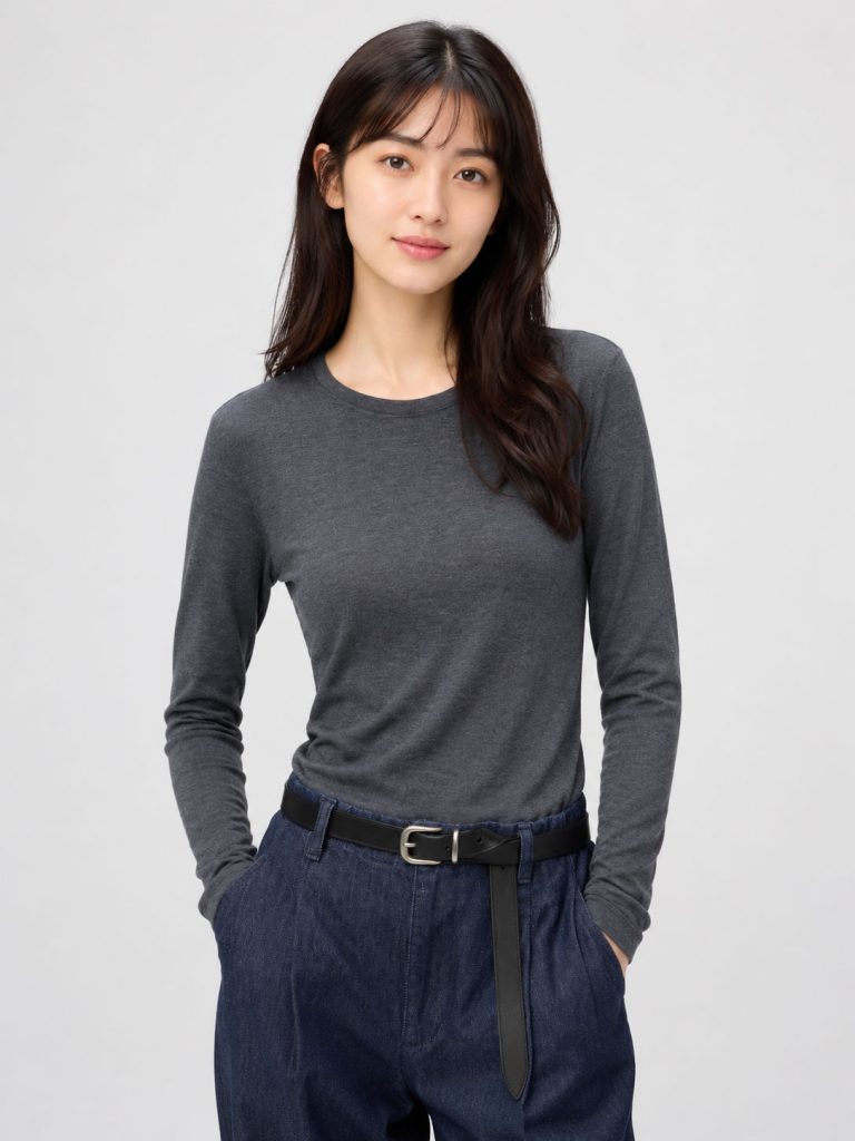 Áo giữ nhiệt nữ cổ tròn loại thường vải mỏng Uniqlo Heattech Nhật Bản màu xám 08 DARK GRAY