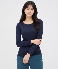 Áo giữ nhiệt nữ cổ tròn loại thường vải mỏng Uniqlo Heattech Nhật Bản màu xanh đen 69 NAVY