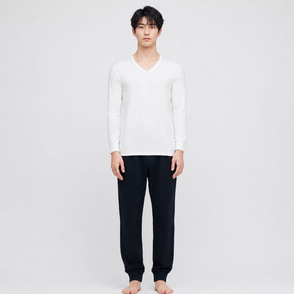 Hình ảnh mẫu mặc Áo giữ nhiệt nam cổ tim Uniqlo Heattech Extra Warm Nhật Bản
